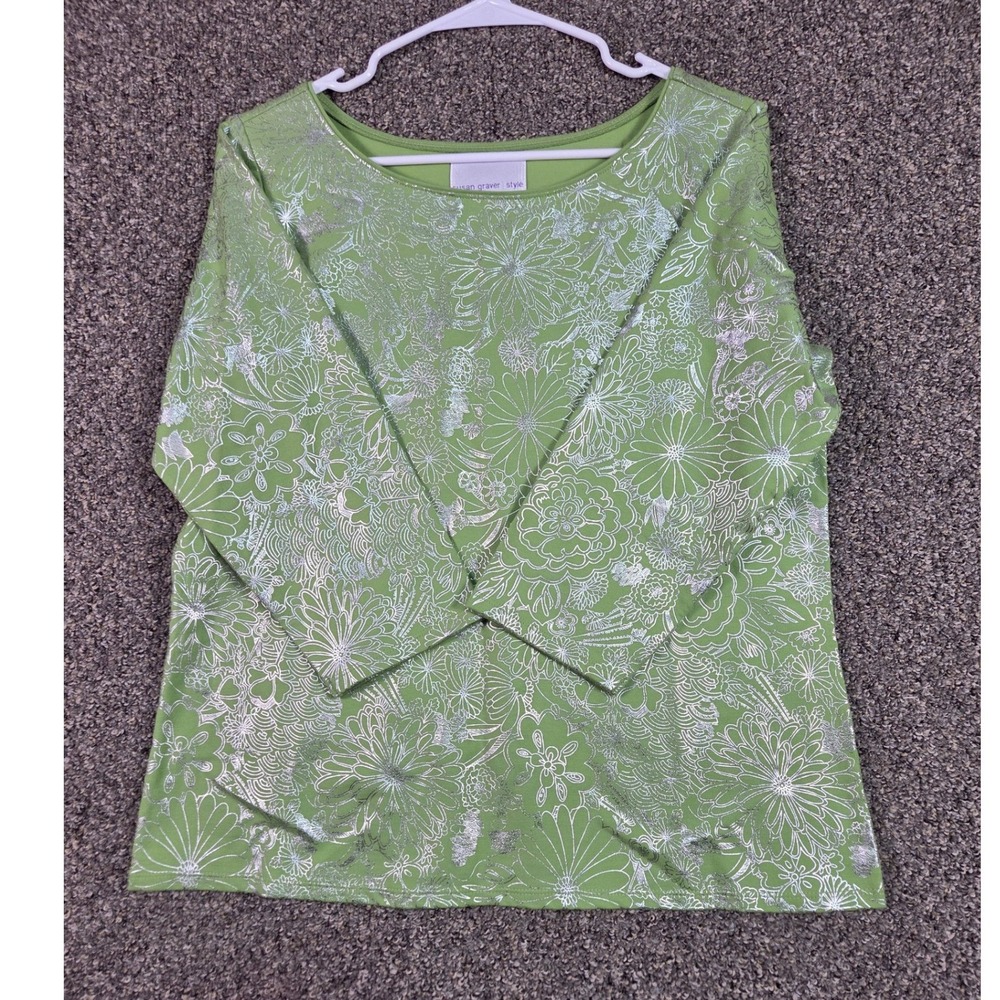 Susan Graver Style Top Womens Small Green Silver Metallic Floral 3/4 Sleeve